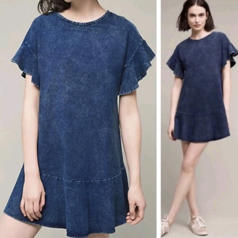 Anthropologie Saturday Sunday Knit Pullover Denim-look Mineral Wash Dress Sz Med